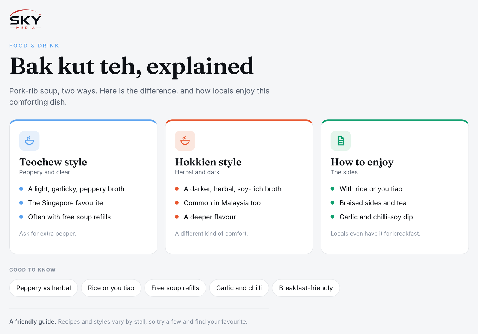 Sky Media infographic on bak kut teh in Singapore: Teochew peppery style, Hokkien herbal style, and how to enjoy it.