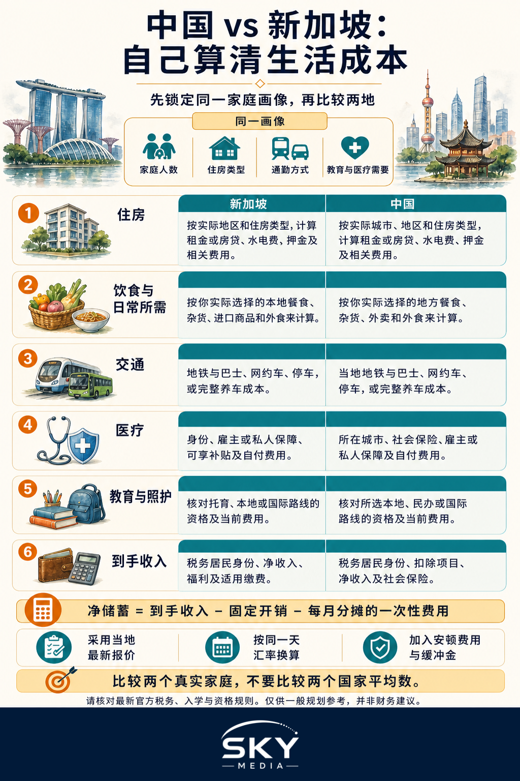 信息图:用同一家庭画像,从住房、饮食、交通、医疗、教育及到手收入六方面比较中国与新加坡的生活成本。