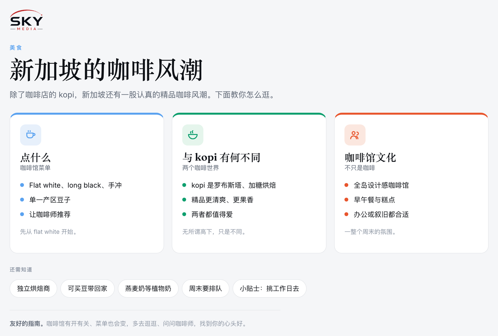 Sky Media 新加坡精品咖啡图解:点什么、与咖啡店 kopi 有何不同,以及咖啡馆文化。