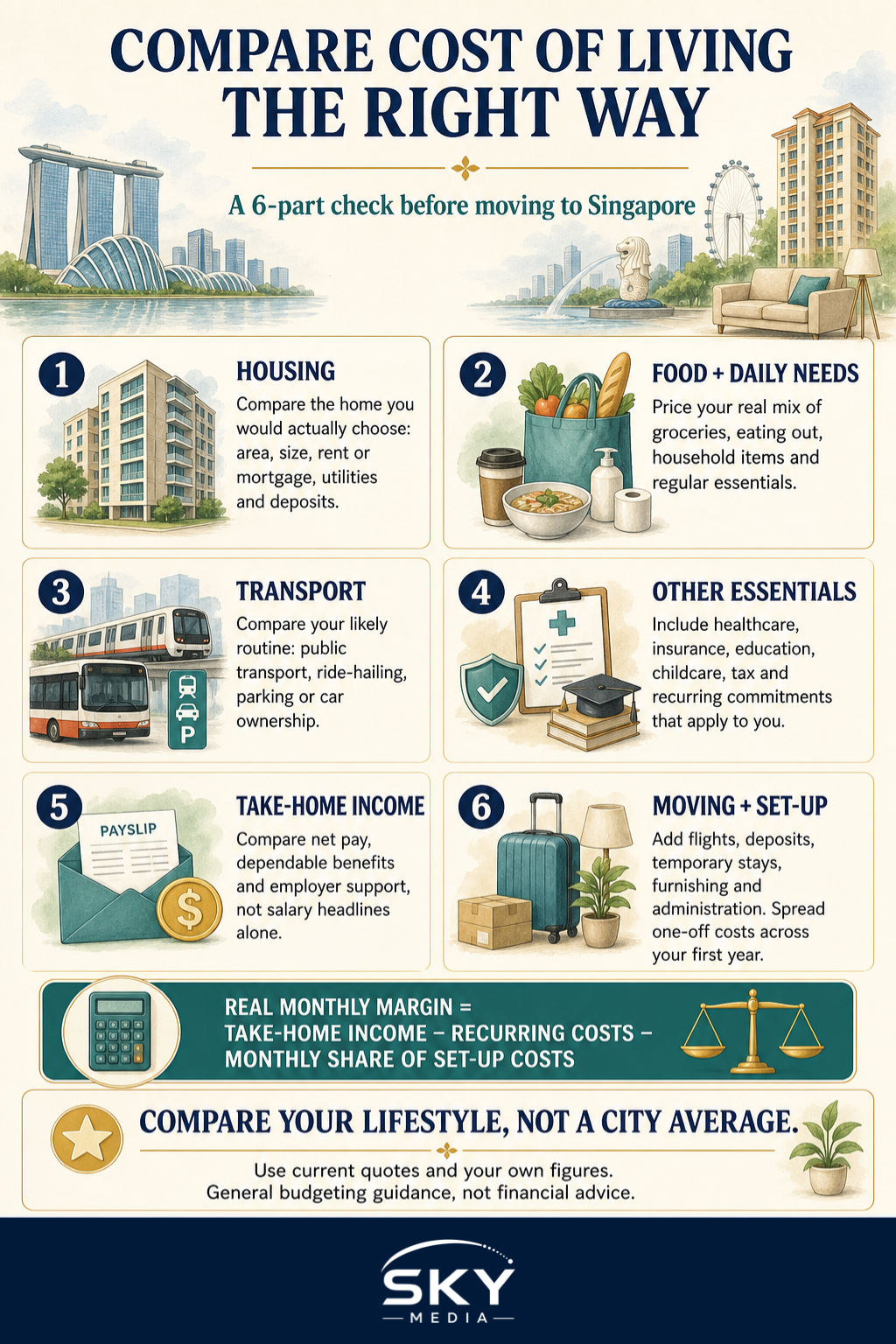 Infographic showing six steps for comparing Singapore’s cost of living with another city using personal housing, food, transport, essential-cost, income and relocation figures.