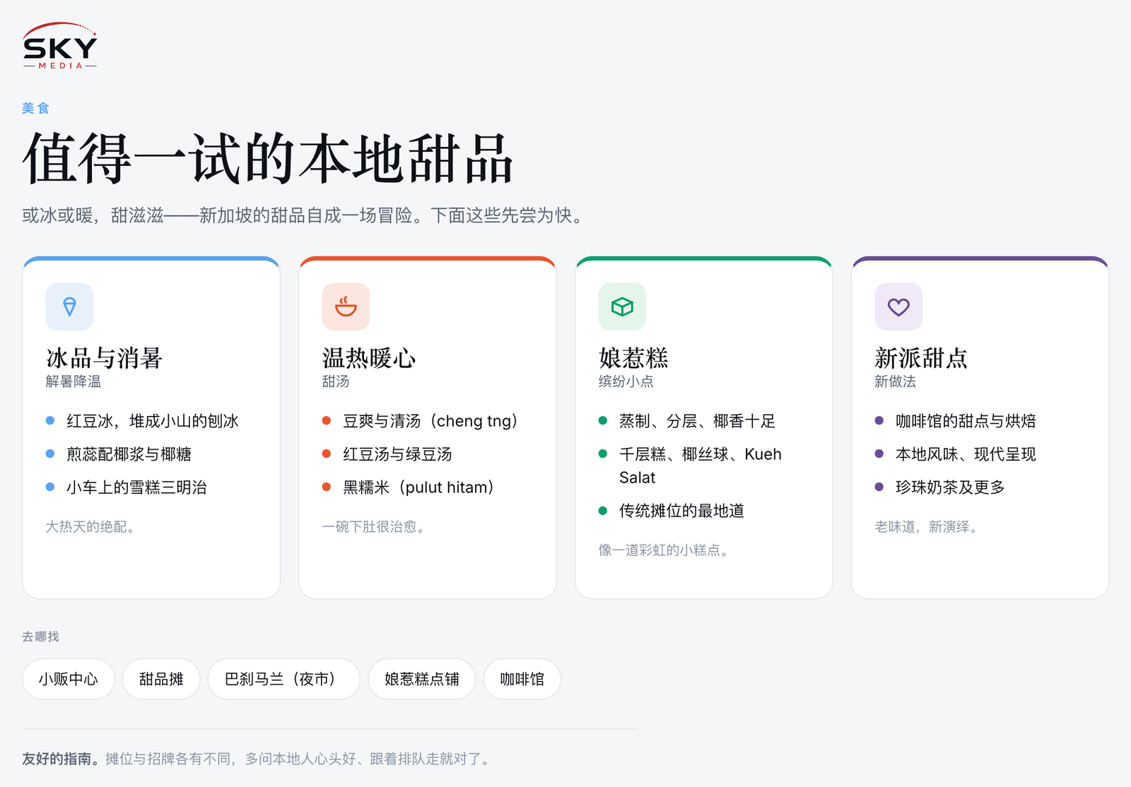 Sky Media 新加坡本地甜品图解:冰品消暑、温热甜汤、娘惹糕,以及新派甜点。