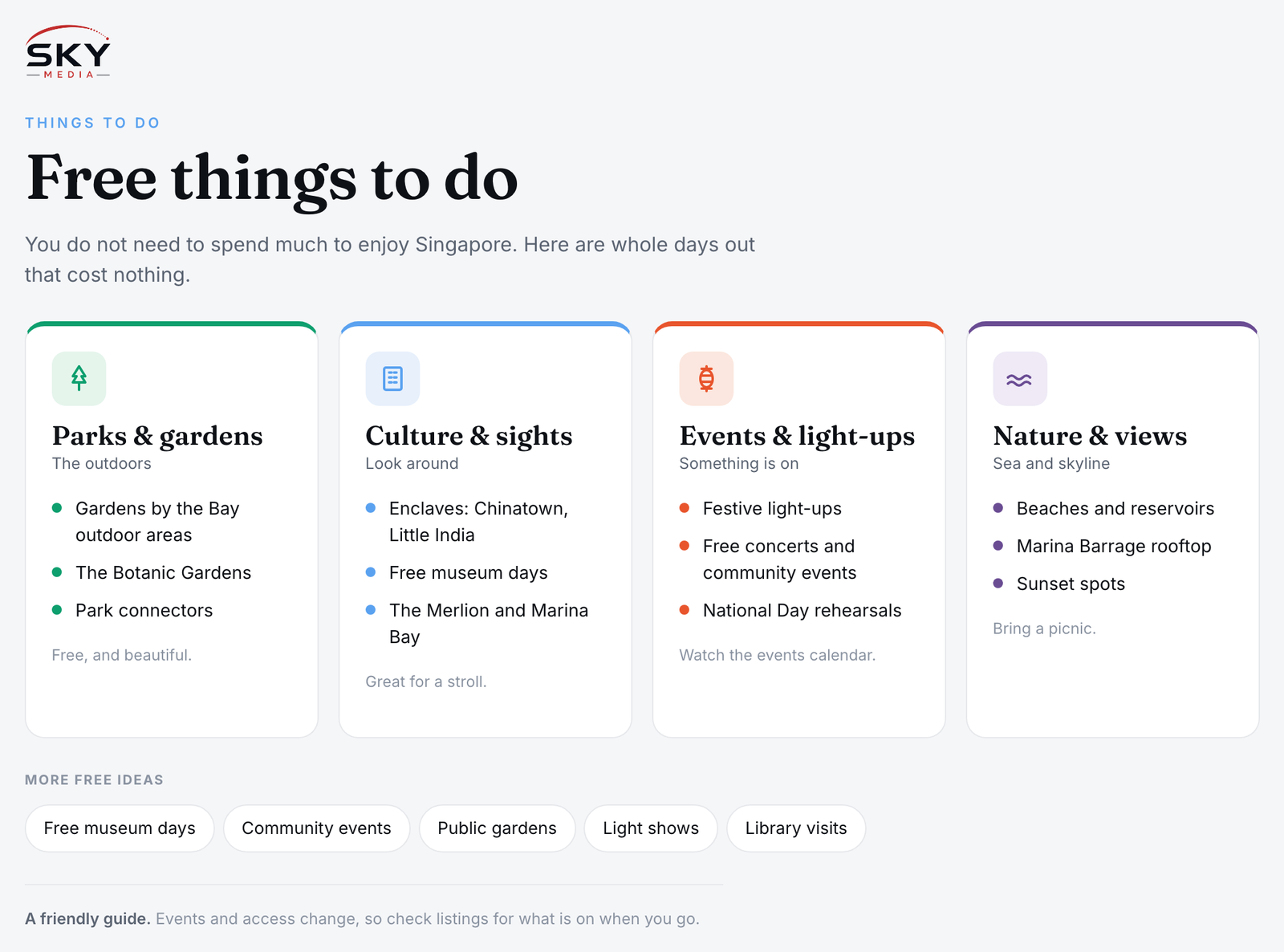 Sky Media infographic on free things to do in Singapore: parks and gardens, culture and sights, events and light-ups, and nature and views.
