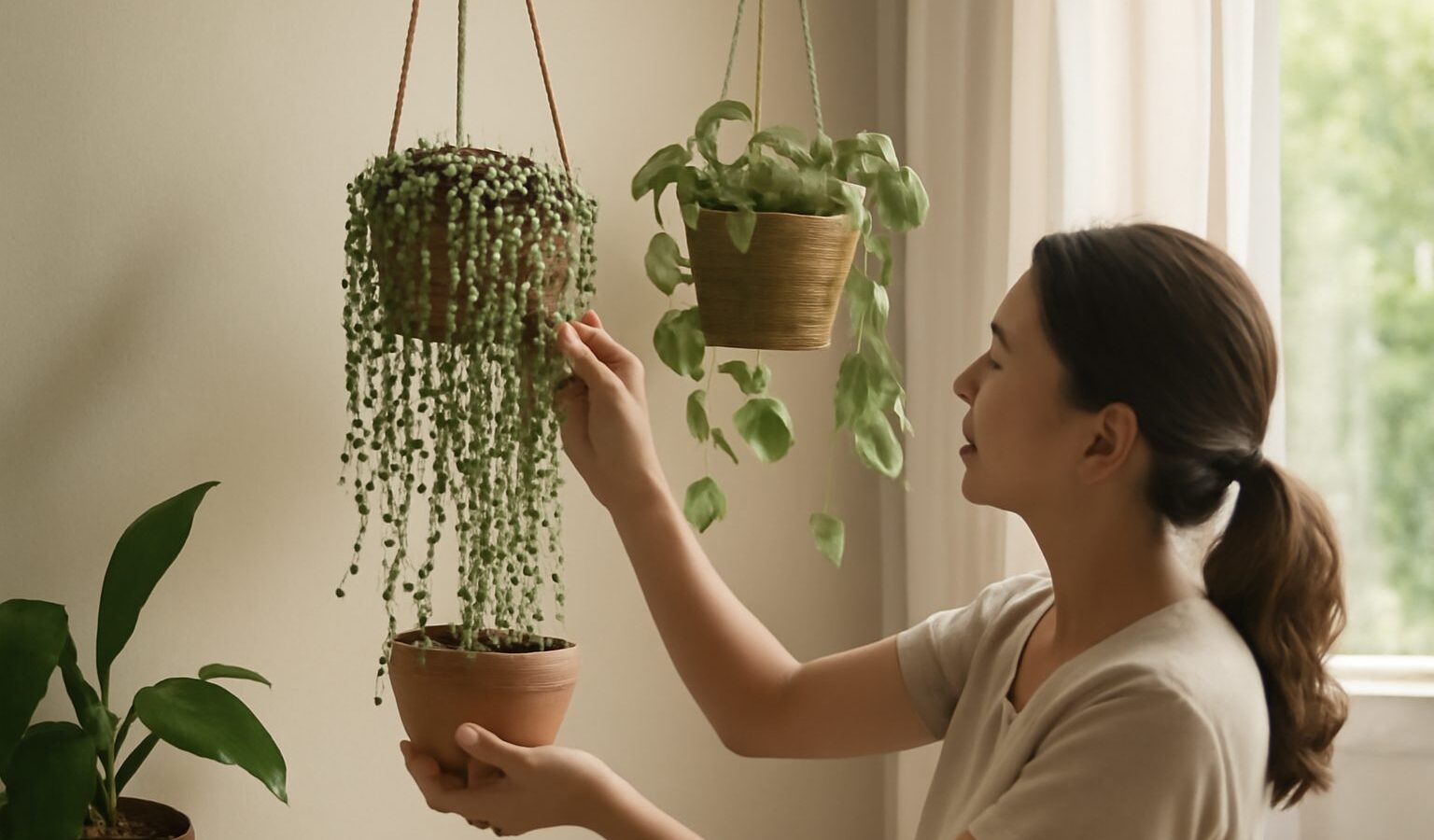 Growing String of Pearls and Hanging Plants