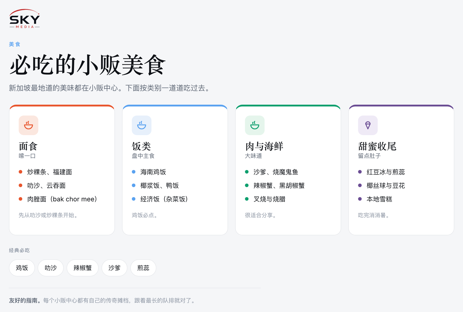 Sky Media 新加坡必吃小贩美食图解:面食、饭类、肉与海鲜,以及甜蜜收尾。