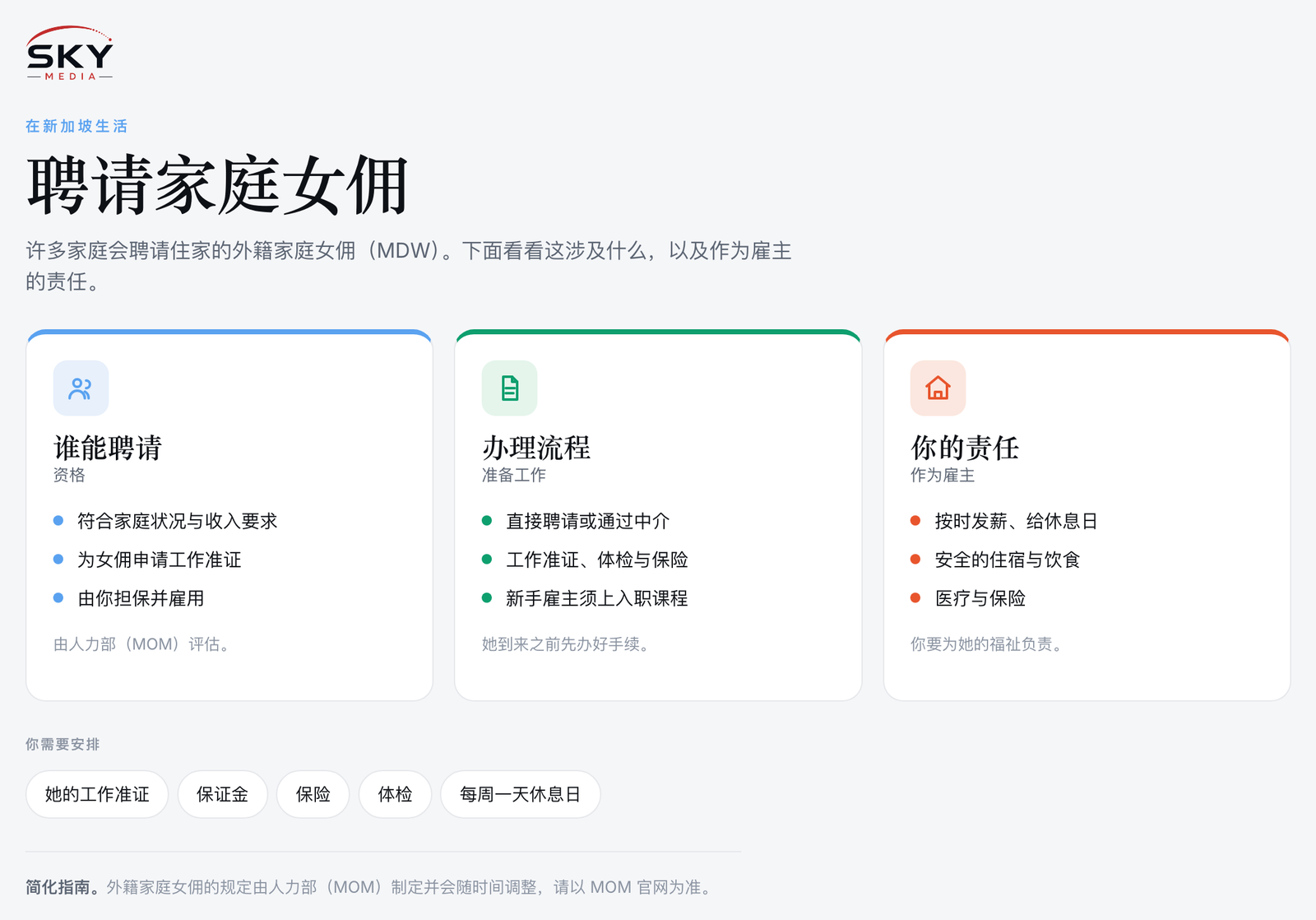Sky Media 在新加坡聘请家庭女佣图解:谁能聘请、办理流程,以及雇主的责任。