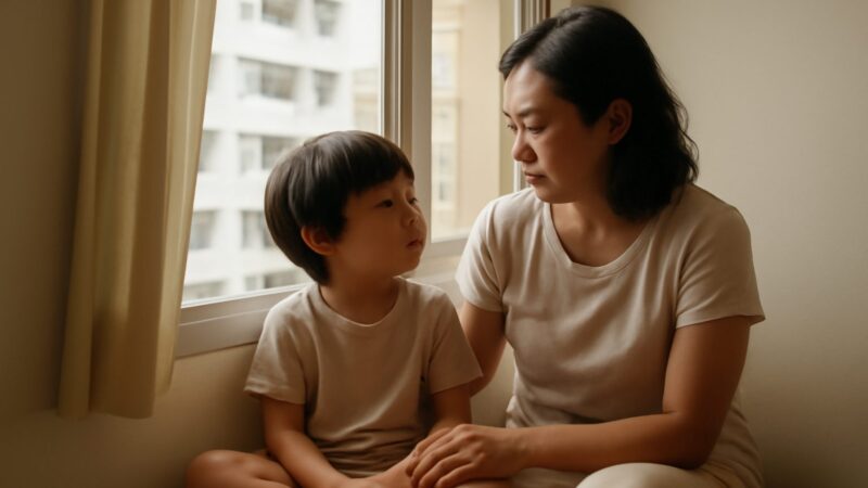 A parent helping a child cope with change in a Singapore home