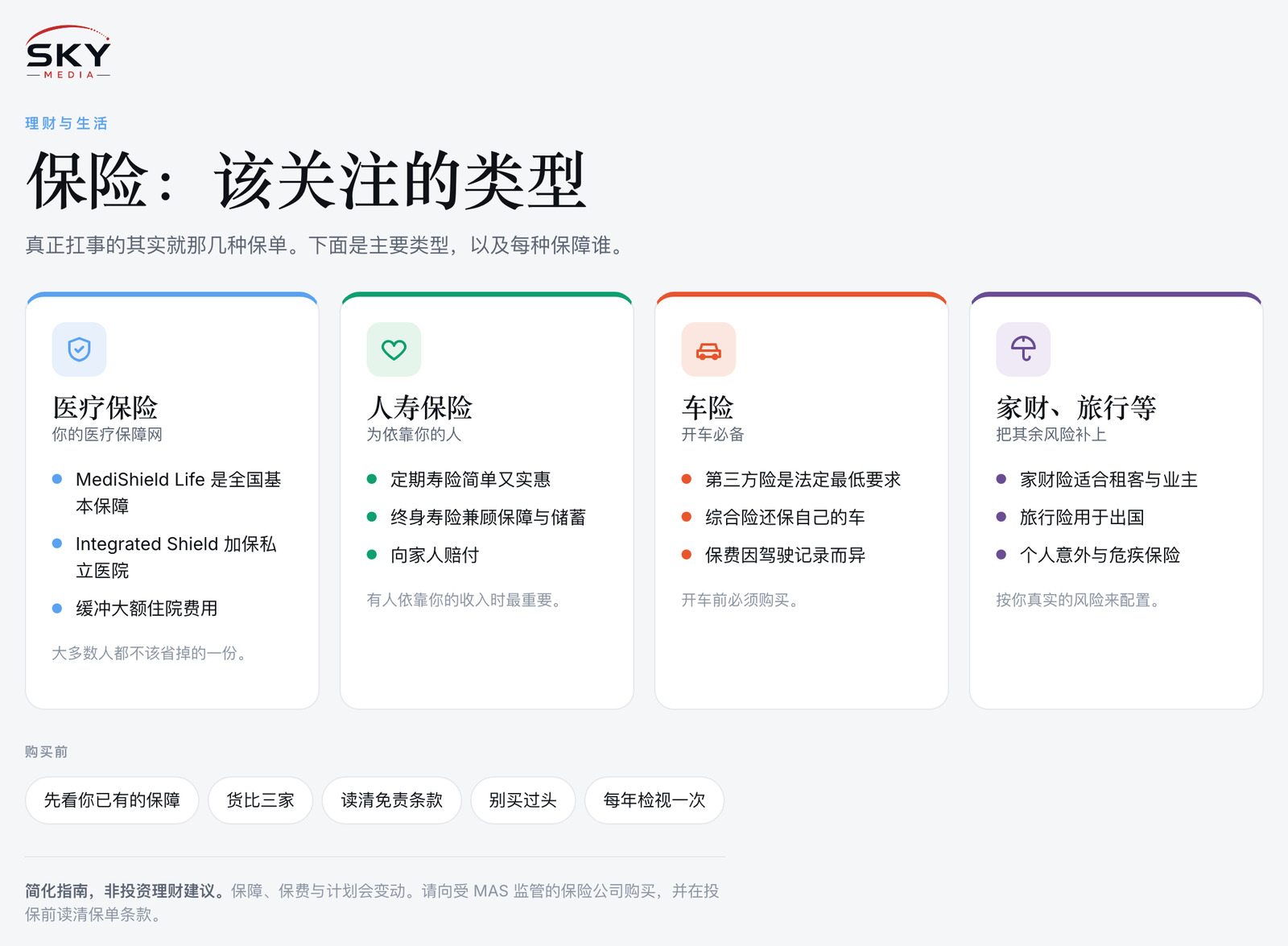 Sky Media 新加坡保险类型图解：医疗、人寿、车险与家财/旅行保险，以及购买前该注意的事项。