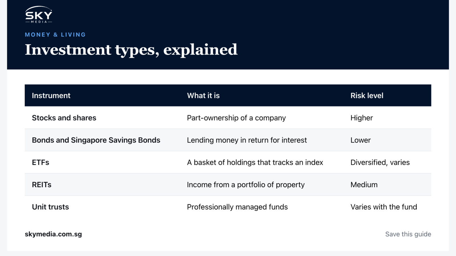 Sky Media infographic: Investment types, explained (Singapore guide).