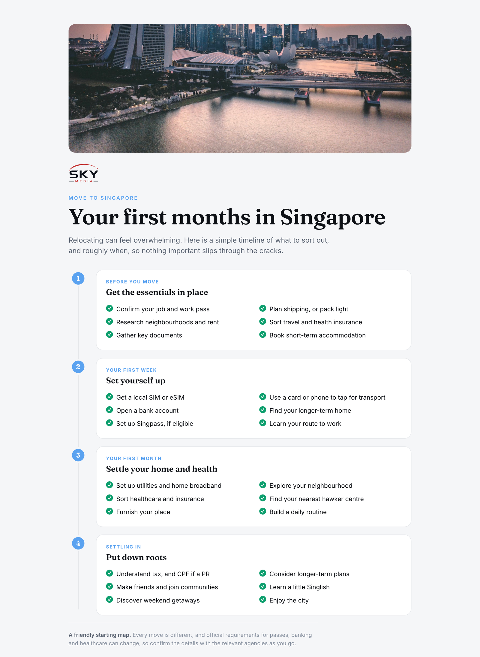 Sky Media infographic: a timeline for moving to Singapore, covering what to do before you move, in your first week, your first month, and while settling in.