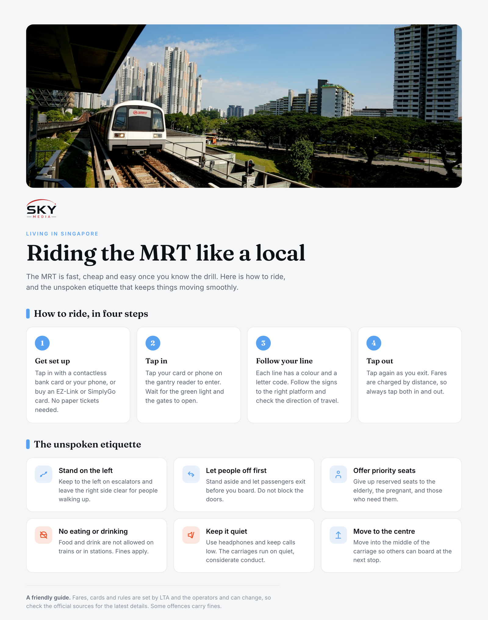 Sky Media infographic: how to ride the Singapore MRT, including tapping in and out, following lines, and etiquette like standing on the left and offering priority seats.