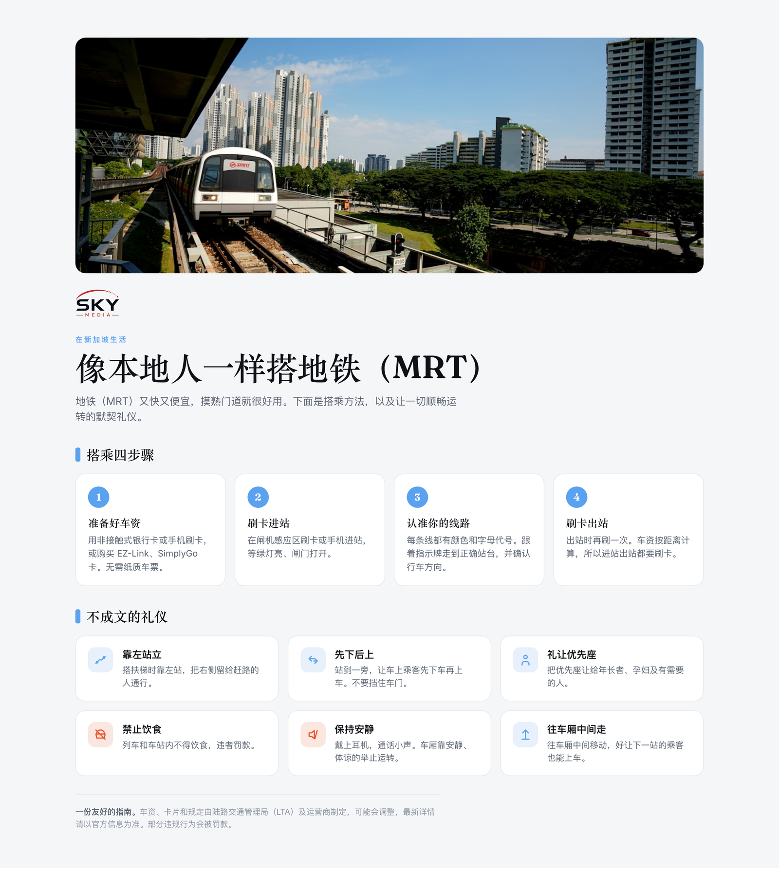 Sky Media 新加坡地铁(MRT)图解:刷卡进出站四步骤,以及靠左站立、先下后上、礼让优先座等车厢礼仪。