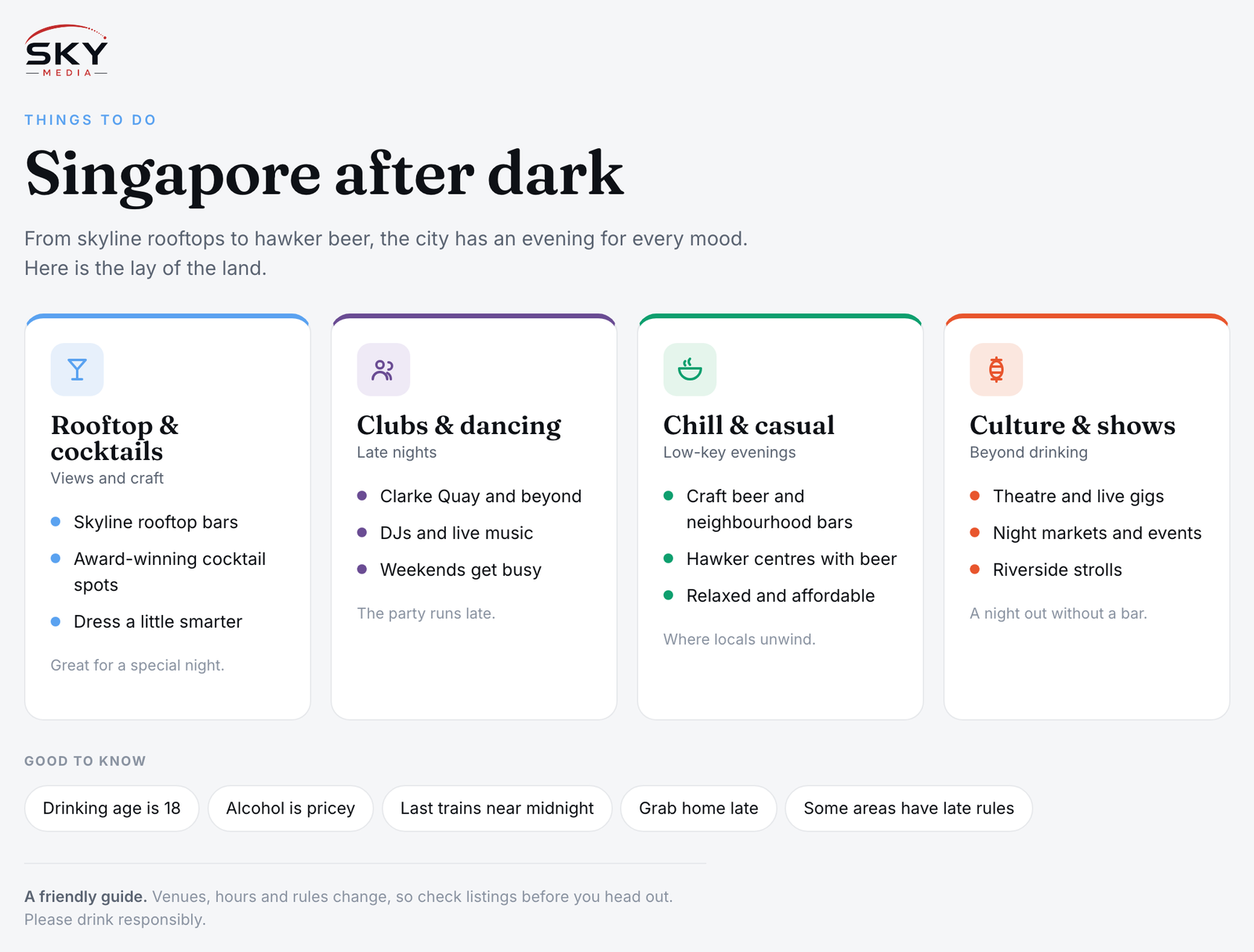 Sky Media infographic on Singapore nightlife: rooftop and cocktail bars, clubs and dancing, chill and casual spots, and culture and shows.