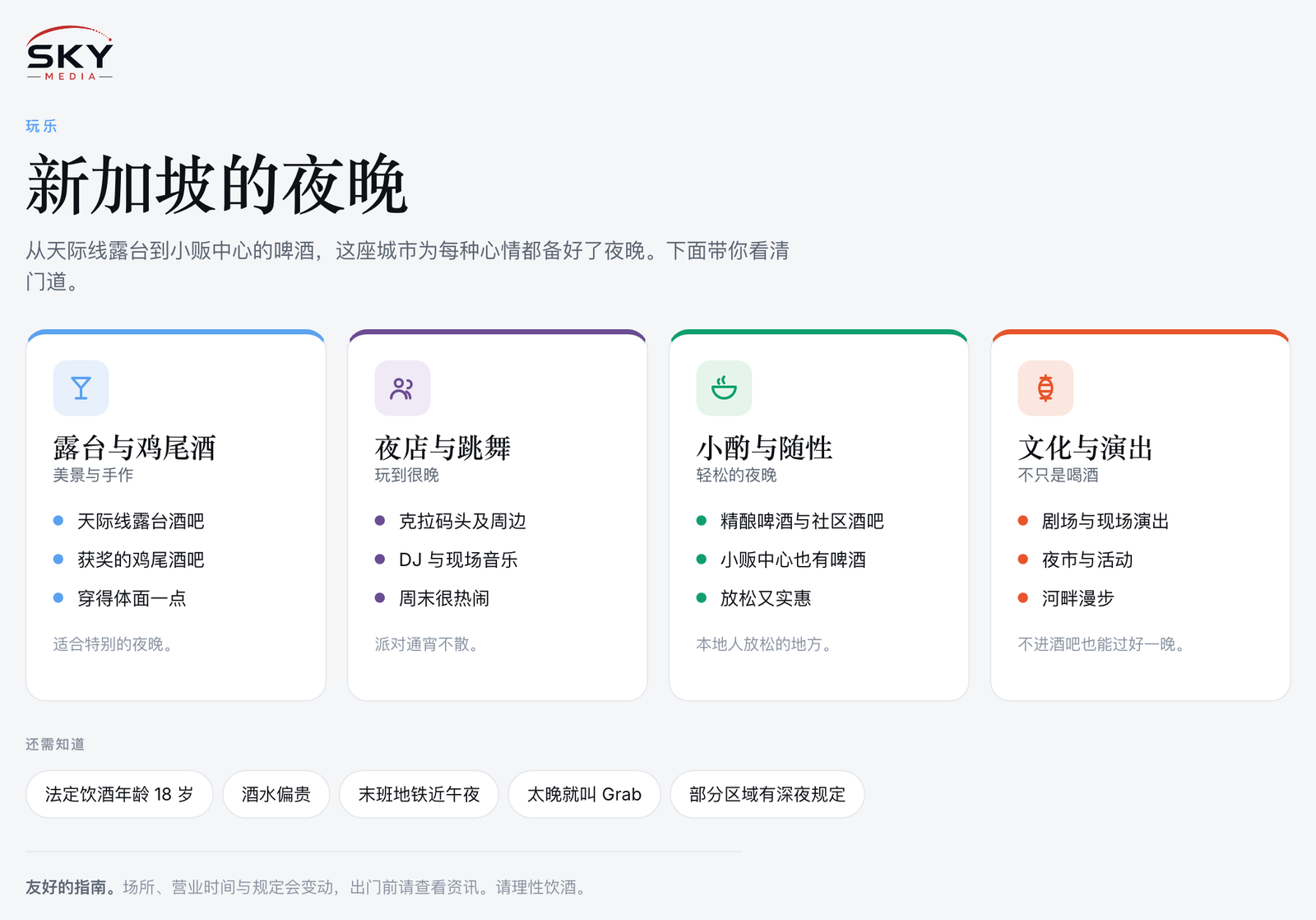 Sky Media 新加坡夜生活图解:露台与鸡尾酒吧、夜店与跳舞、小酌随性,以及文化与演出。