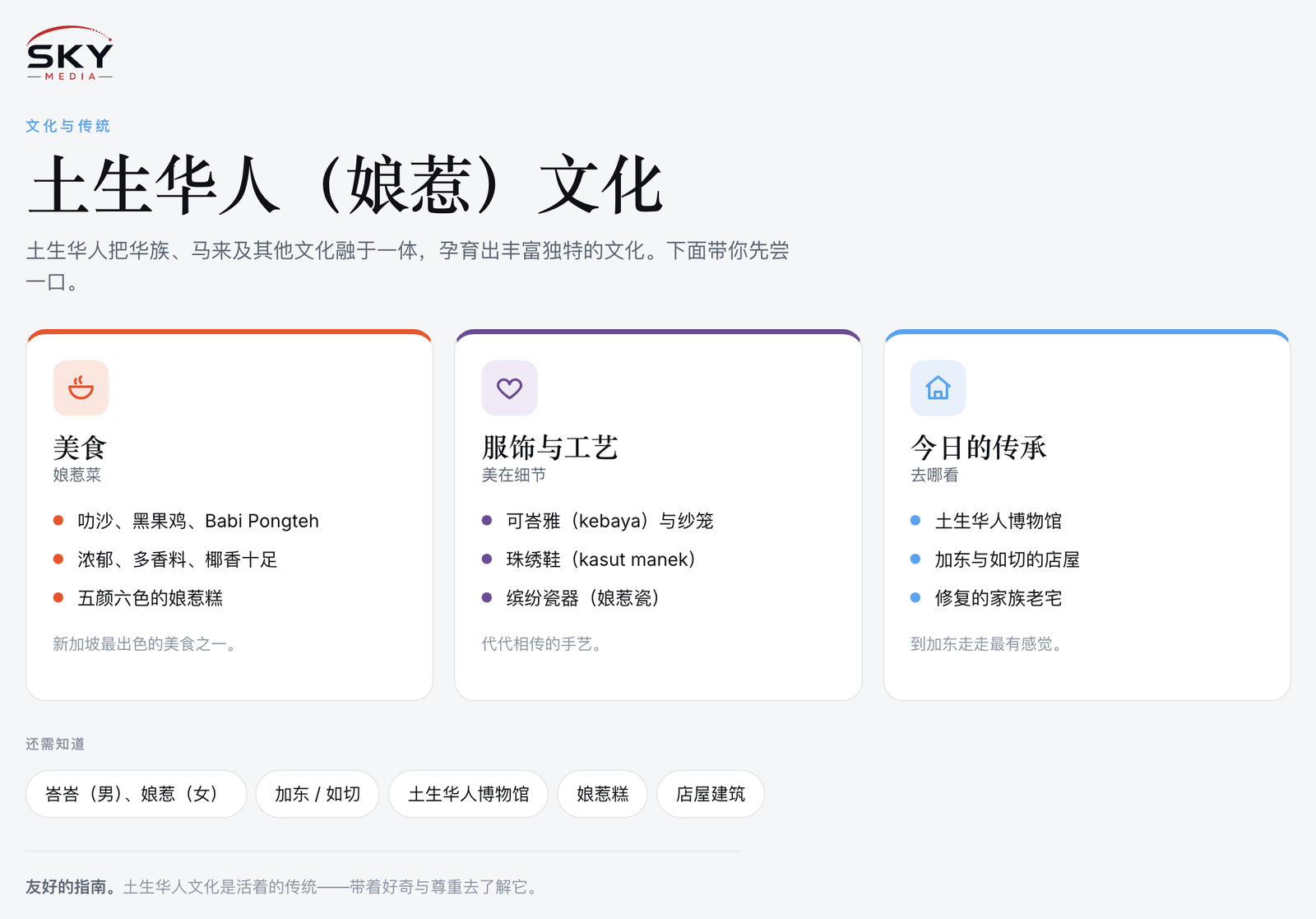 Sky Media 土生华人(娘惹)文化图解:娘惹美食、服饰与工艺,以及今天在哪里看到这份传承。