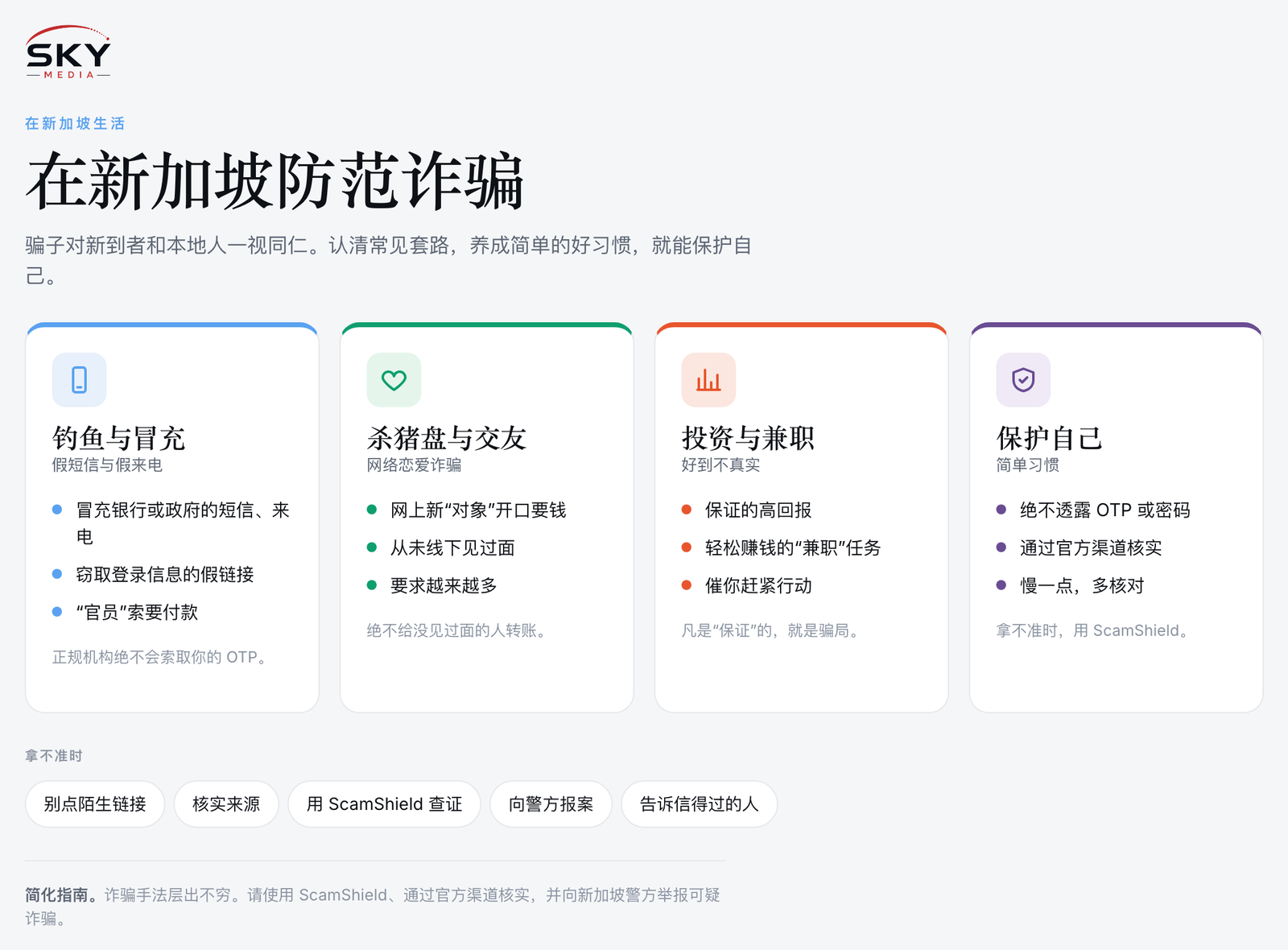 Sky Media 在新加坡防范诈骗图解:钓鱼与冒充、杀猪盘与交友、投资与兼职骗局,以及如何用 ScamShield 保护自己。