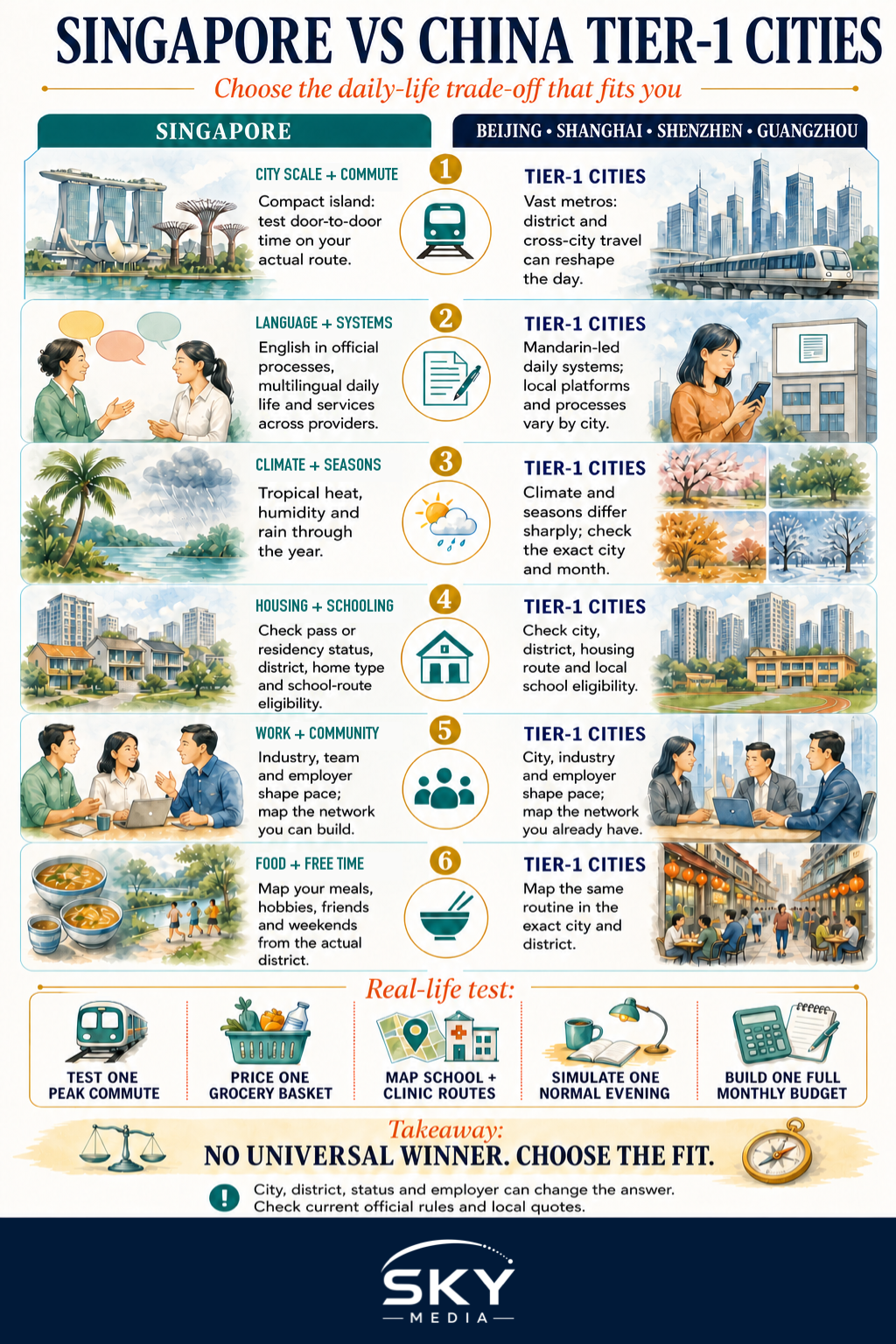 Infographic comparing daily-life fit in Singapore with Beijing, Shanghai, Shenzhen and Guangzhou across commute, systems, climate, housing, schooling, work and free time.