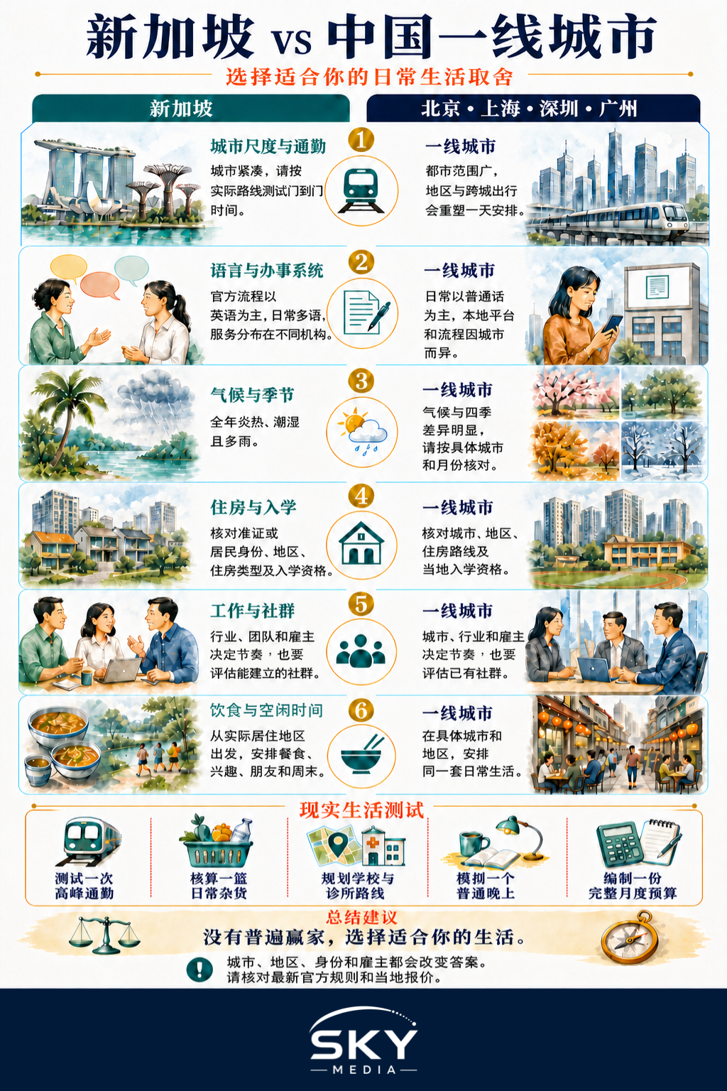 信息图:从通勤、办事系统、气候、住房、入学、工作及空闲时间,对比新加坡与北京、上海、深圳和广州的生活适配度。