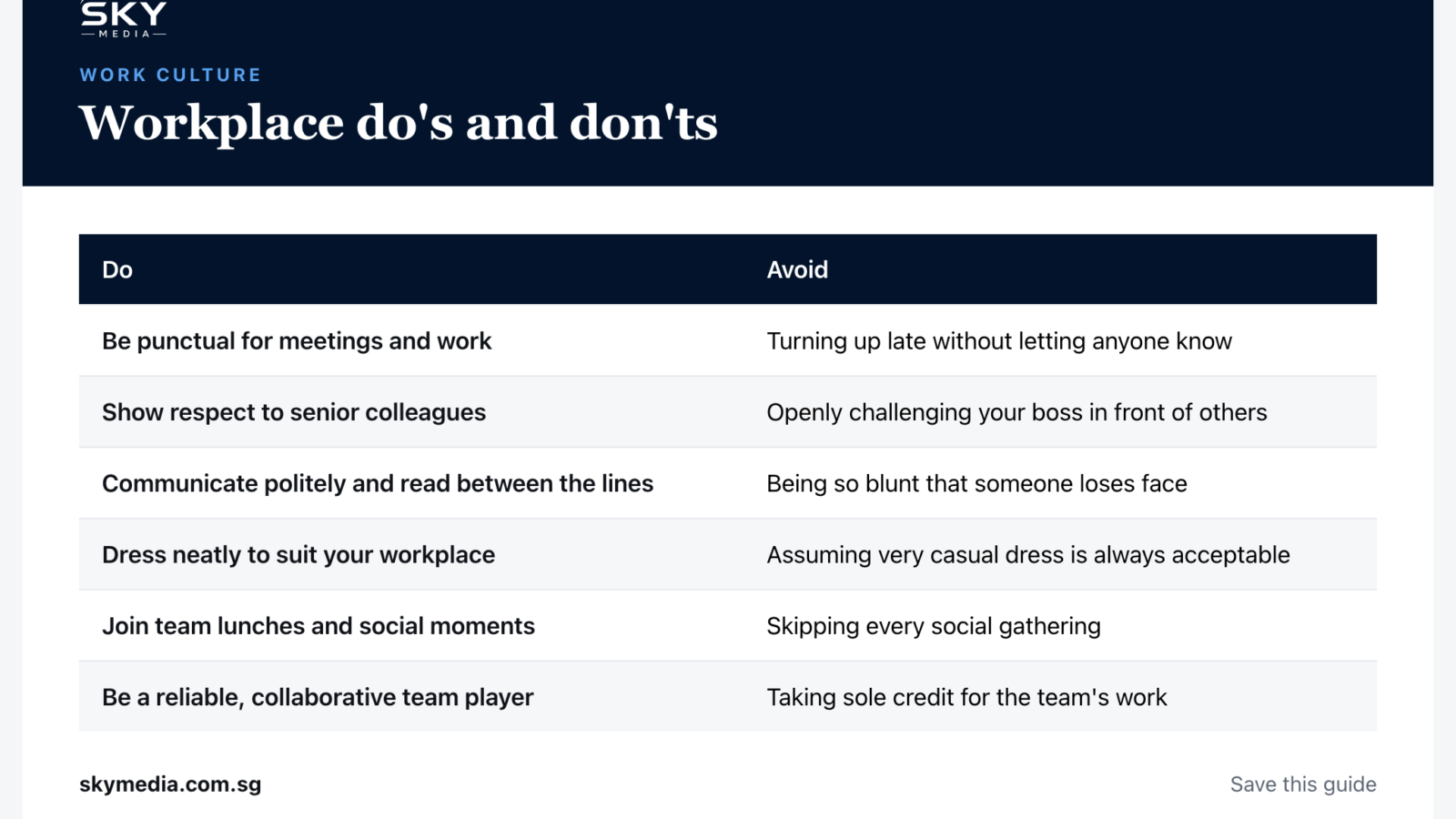 Sky Media infographic: Workplace do's and don'ts (Singapore guide).