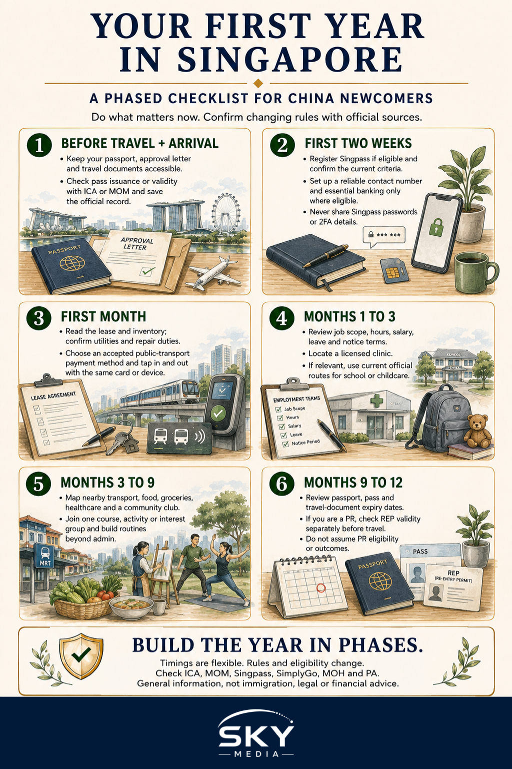 Six-phase first-year infographic for China newcomers settling in Singapore, covering travel documents, Singpass security, housing and transport, work and healthcare, community roots and document reviews.