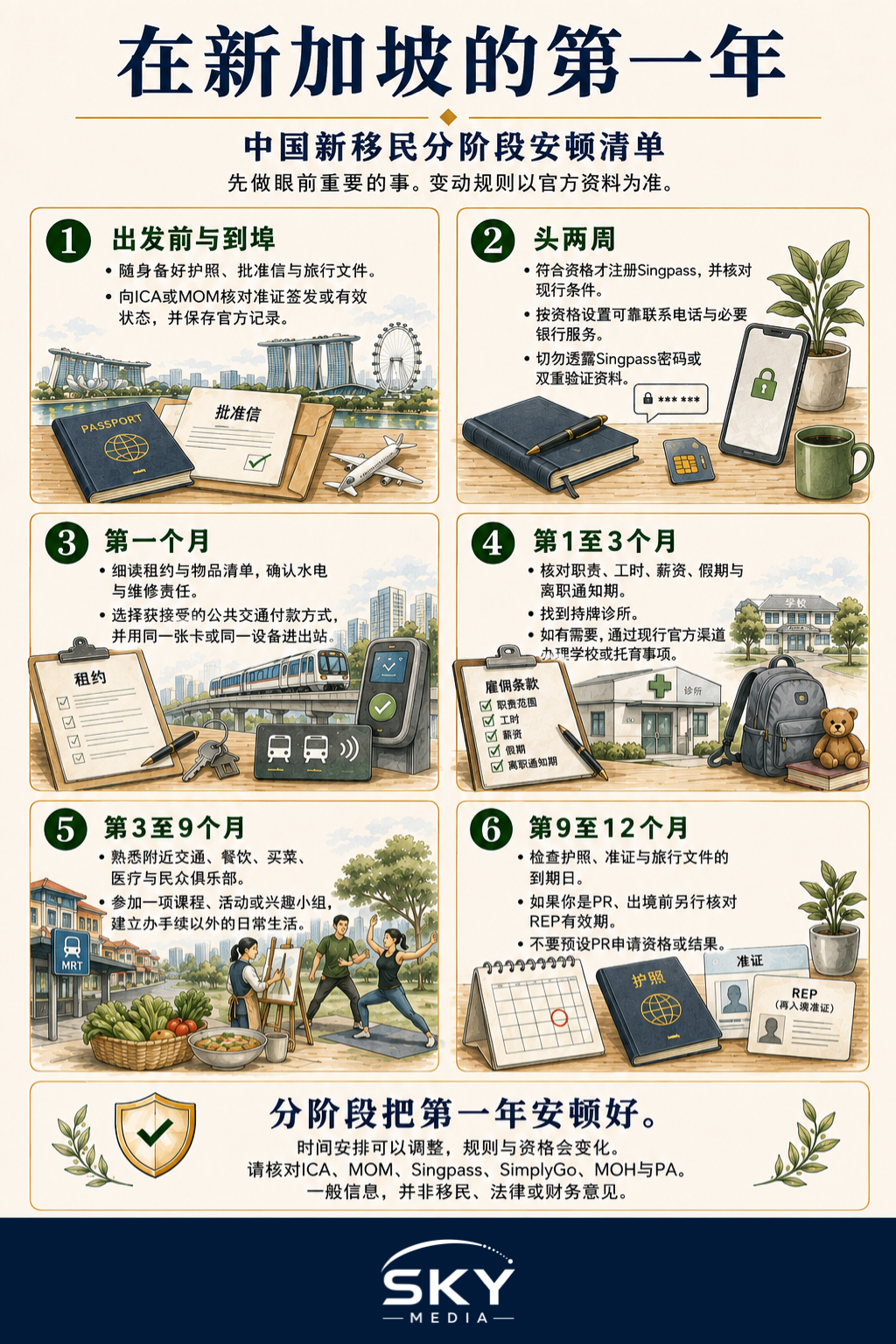 中国新移民在新加坡第一年的六阶段信息图,涵盖旅行文件、Singpass安全、住房与交通、工作与医疗、融入社群及证件复查。