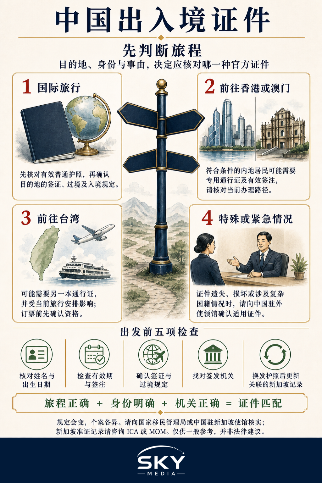 决策指南信息图:说明国际旅行、前往港澳、前往台湾及特殊情况应核对的中国出入境证件,并列出出发前的五项检查。