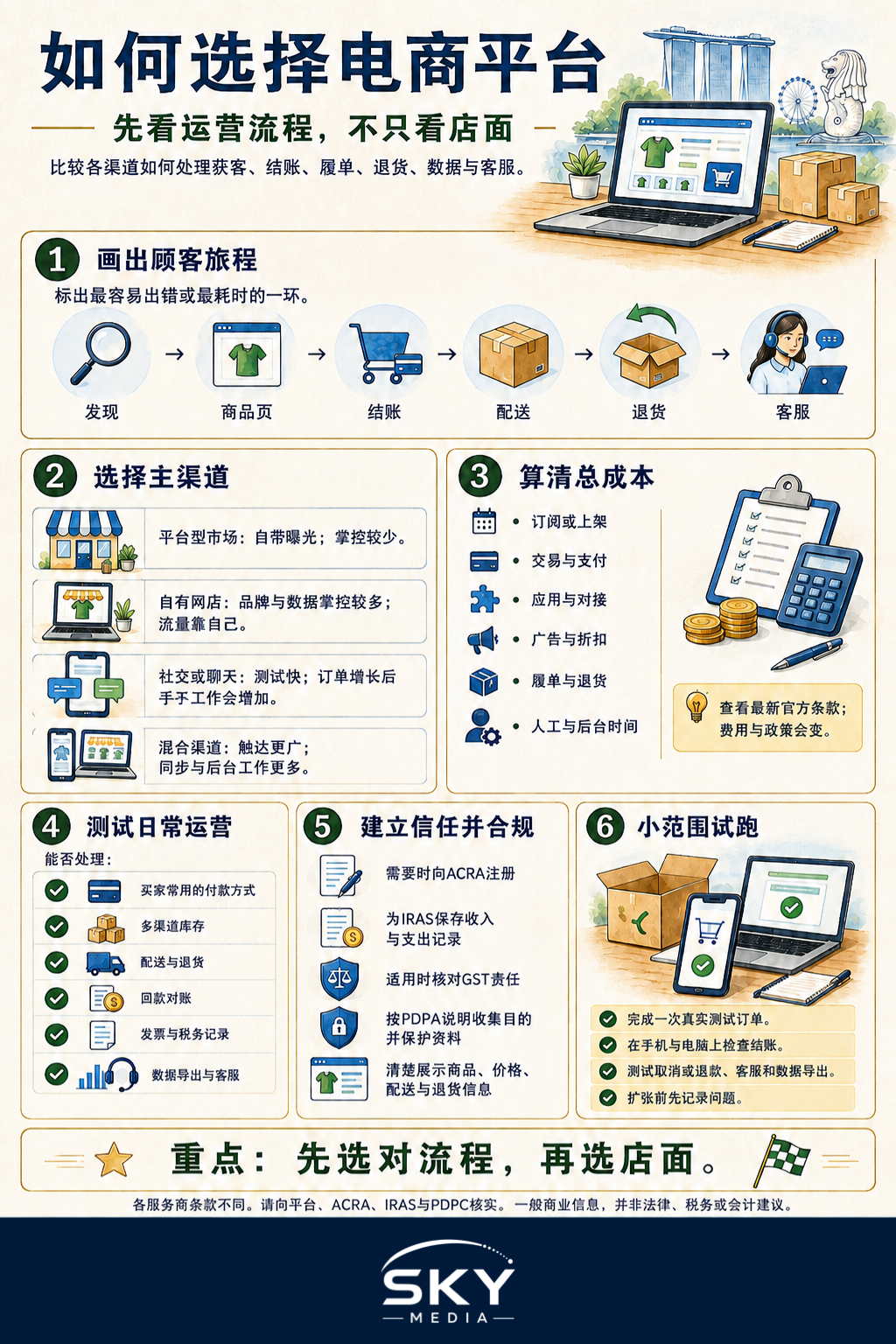 六步新加坡电商平台决策信息图,涵盖顾客旅程、销售渠道、总成本、日常运营、合规检查和小范围试跑。