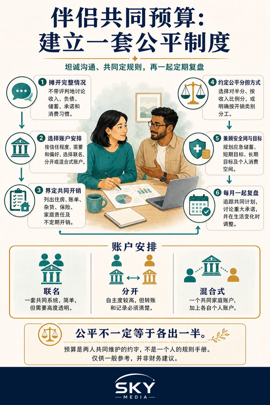 信息图：用六个步骤说明伴侣共同预算流程，包括坦诚分享财务情况、选择账户、界定开销、公平分担、规划目标及每月复盘。