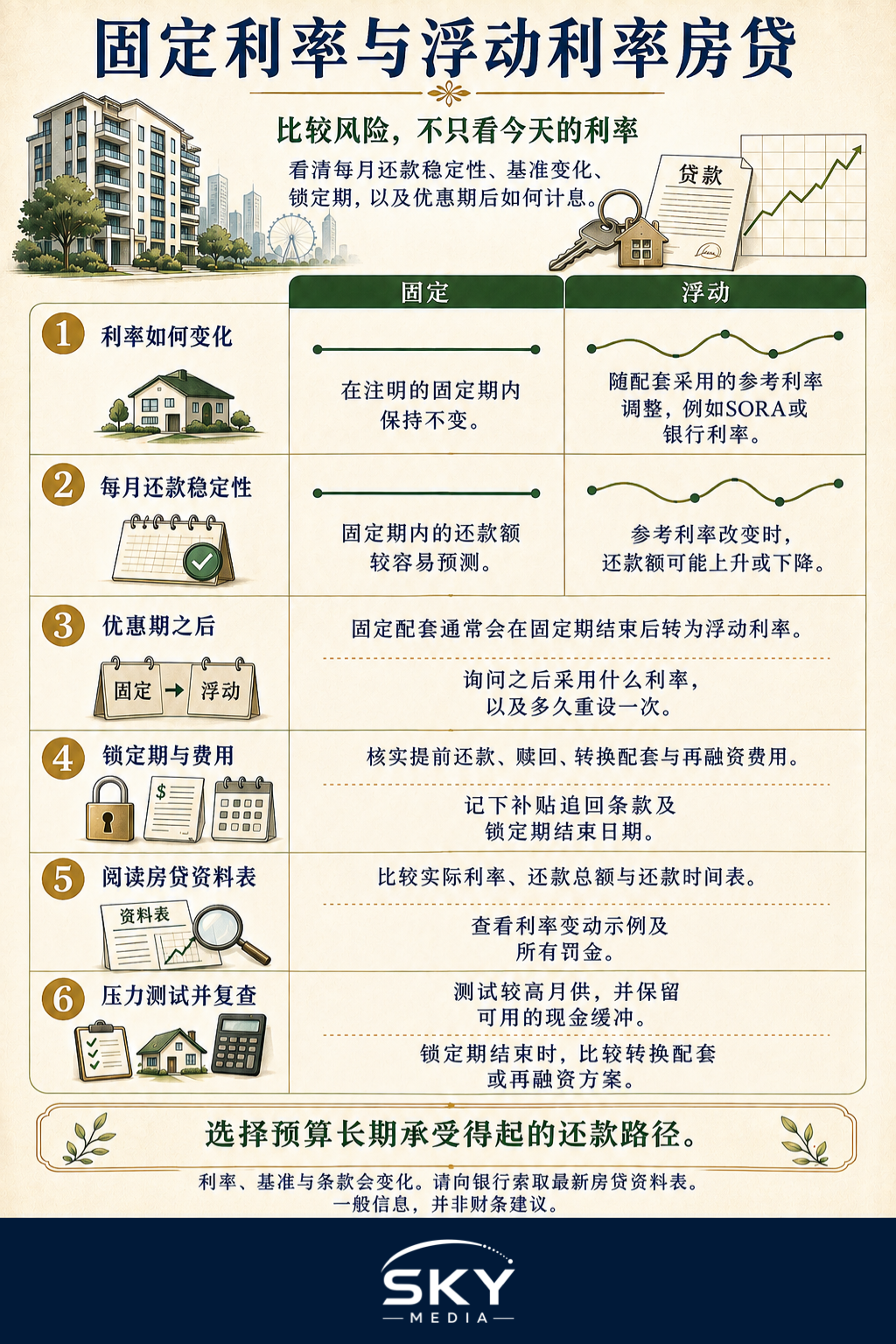 六项比较信息图,从利率变化、月供稳定性、优惠期后条款、锁定期、房贷资料表及预算压力测试,对比新加坡固定与浮动利率房贷。