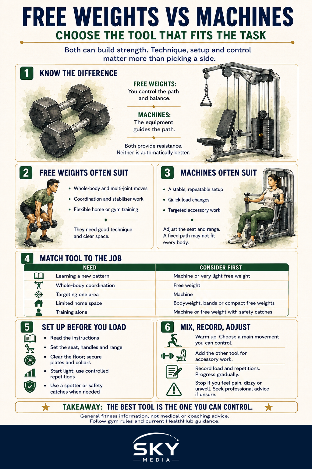 Six-part free weights versus machines infographic comparing movement control, common uses, goal matching, equipment setup, safety checks and ways to combine both.