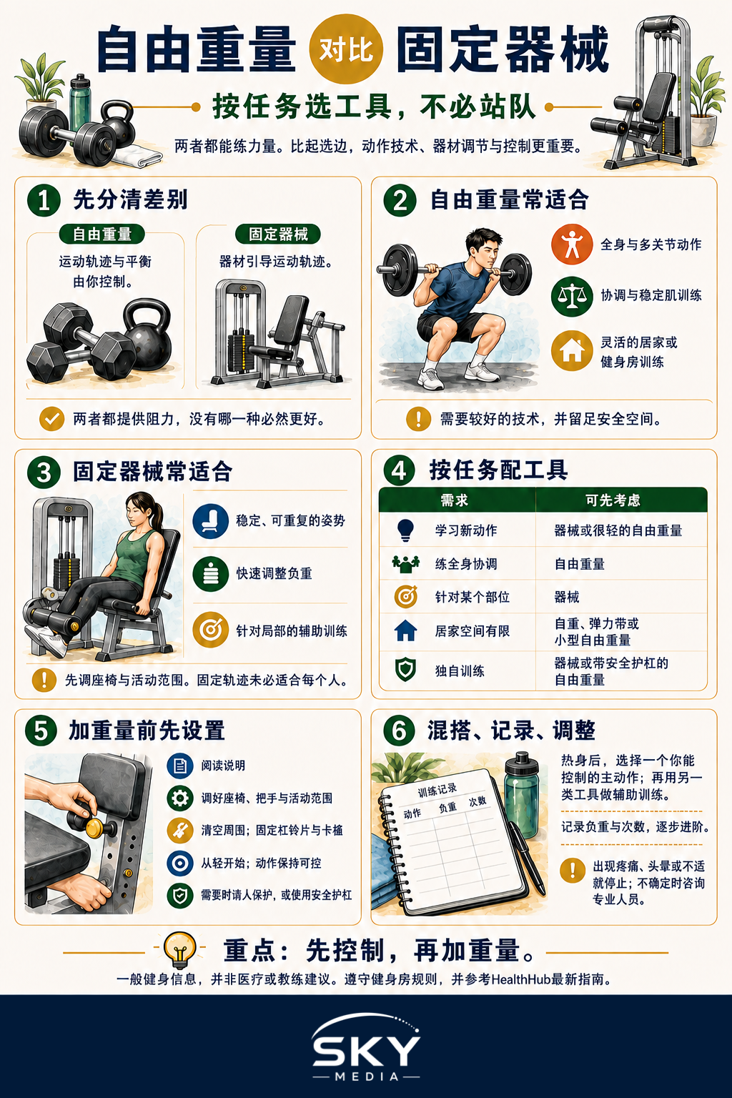 六部分自由重量与固定器械信息图，比较动作控制、常见用途、目标匹配、器材调节、安全检查和两者搭配方法。