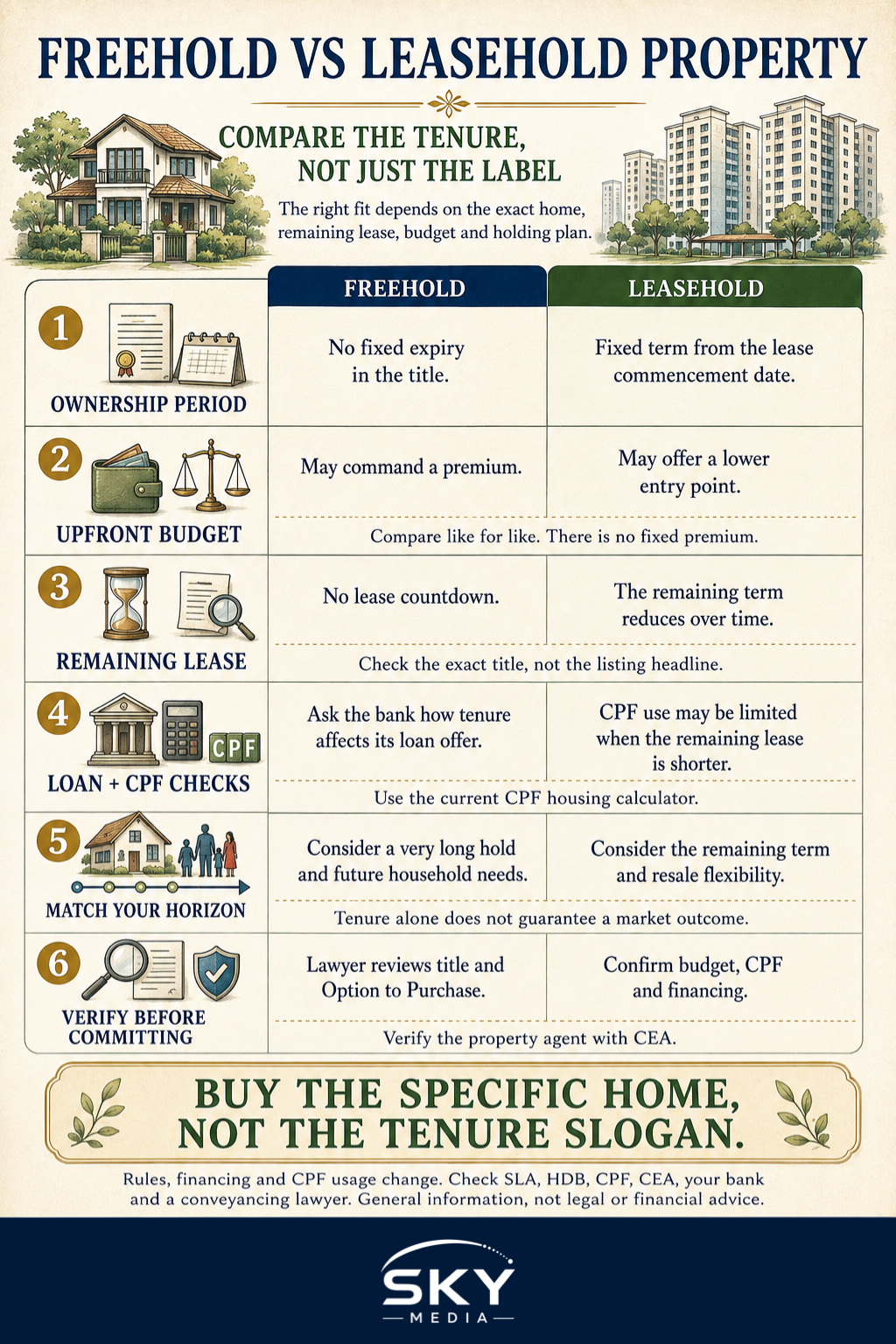 Six-part infographic comparing freehold and leasehold property in Singapore across ownership period, budget, remaining lease, loan and CPF checks, holding horizon and buyer verification.