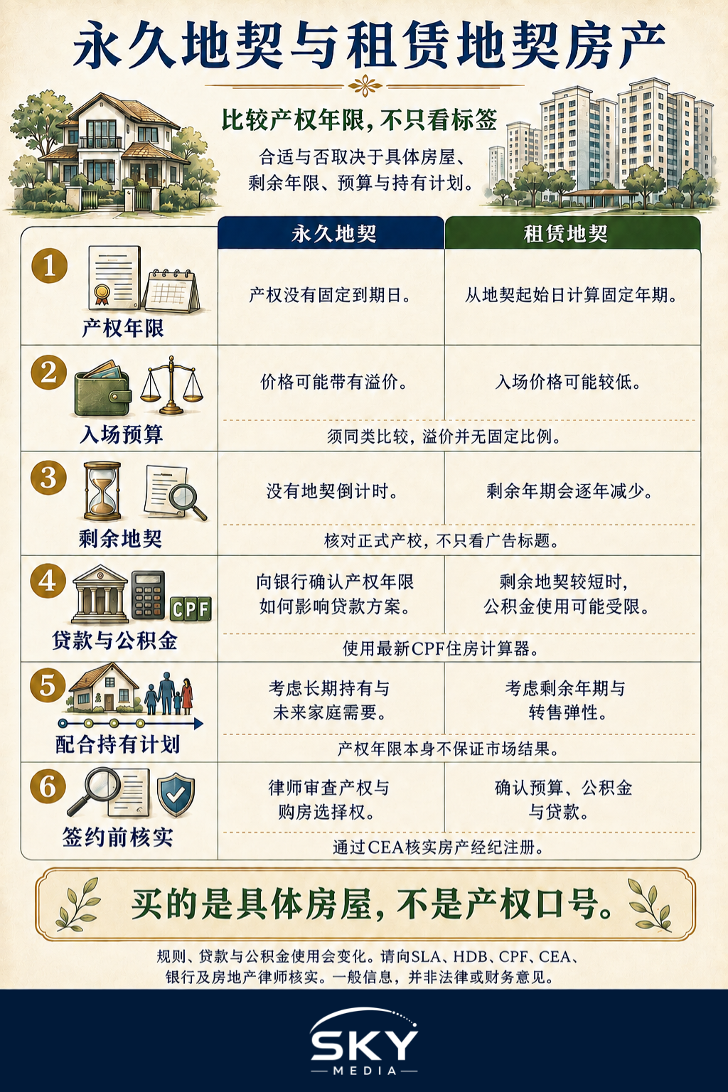 六项比较信息图,从产权年限、预算、剩余地契、贷款与公积金、持有计划及购房核实,对比新加坡永久地契与租赁地契房产。
