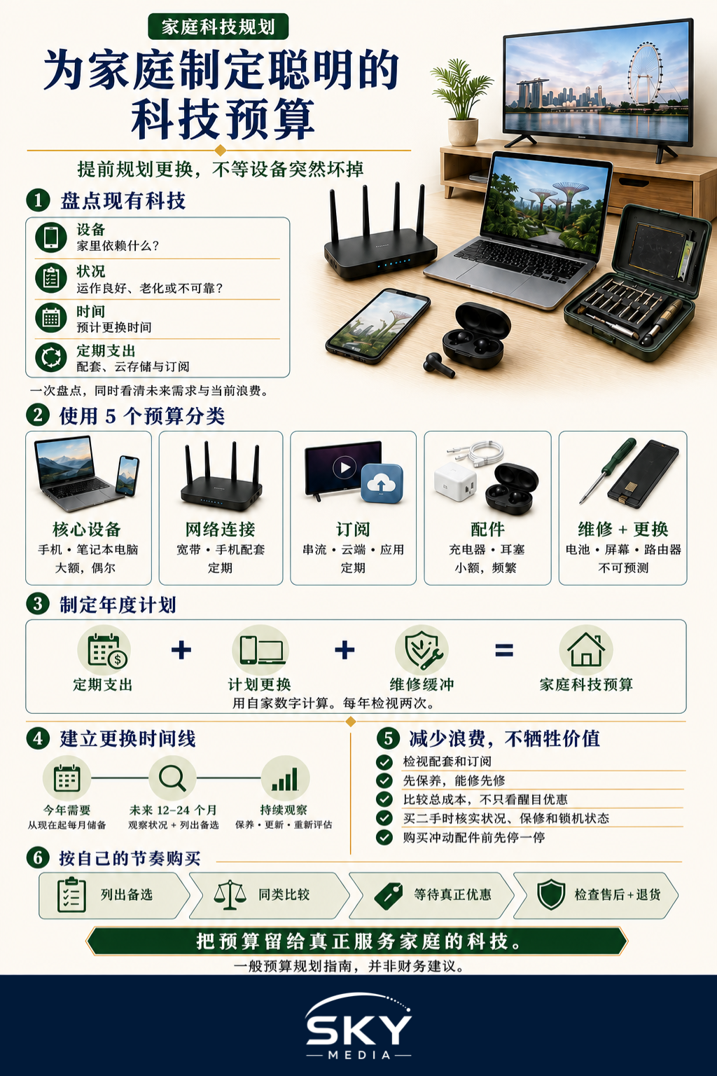 家庭科技预算信息图:以六个步骤盘点设备、划分五类开销、规划更换与维修缓冲、减少浪费,并按自己的节奏购买。