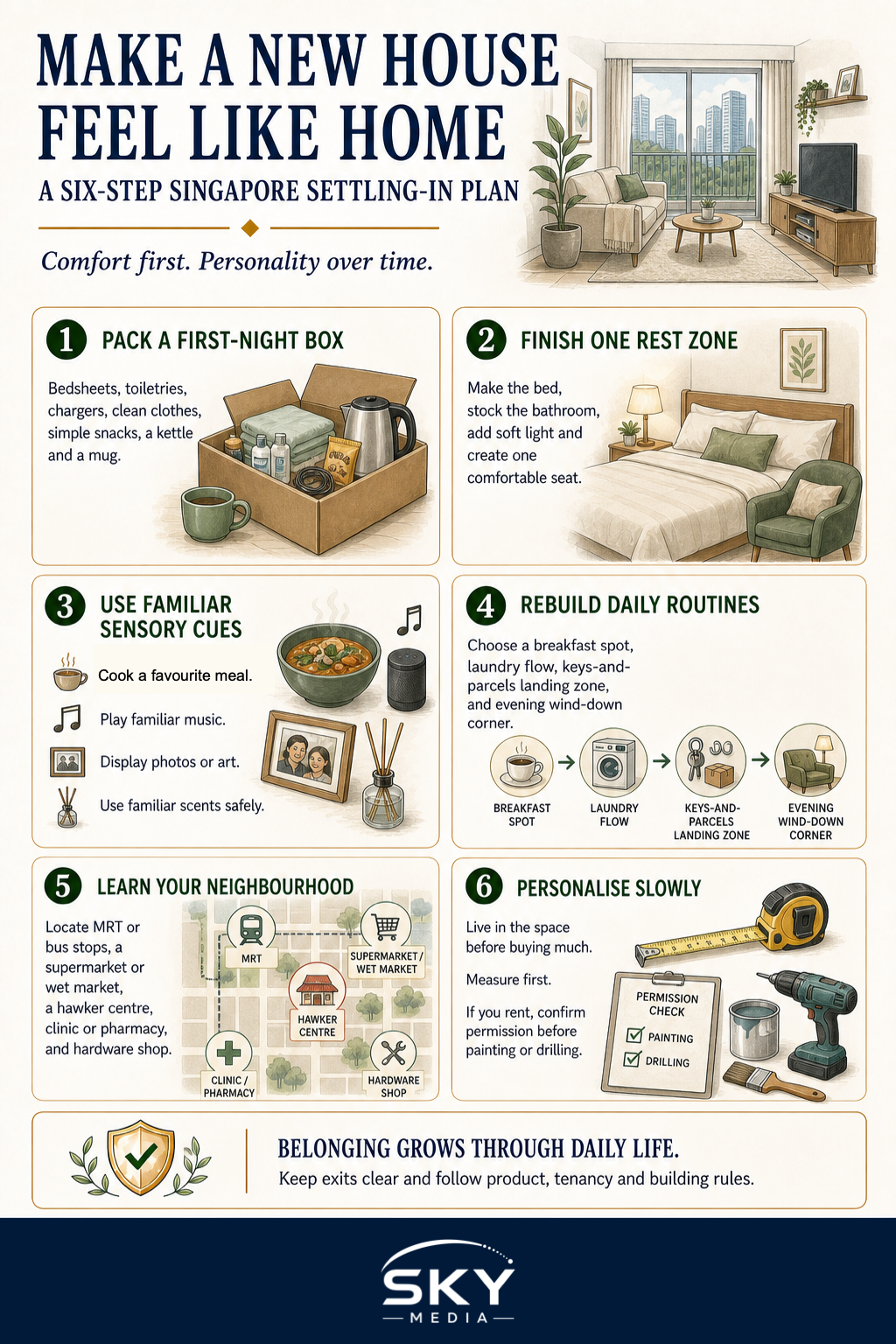 Six-step Singapore settling-in infographic covering a first-night box, one finished rest zone, familiar sensory cues, daily routines, neighbourhood essentials and slow personalisation.