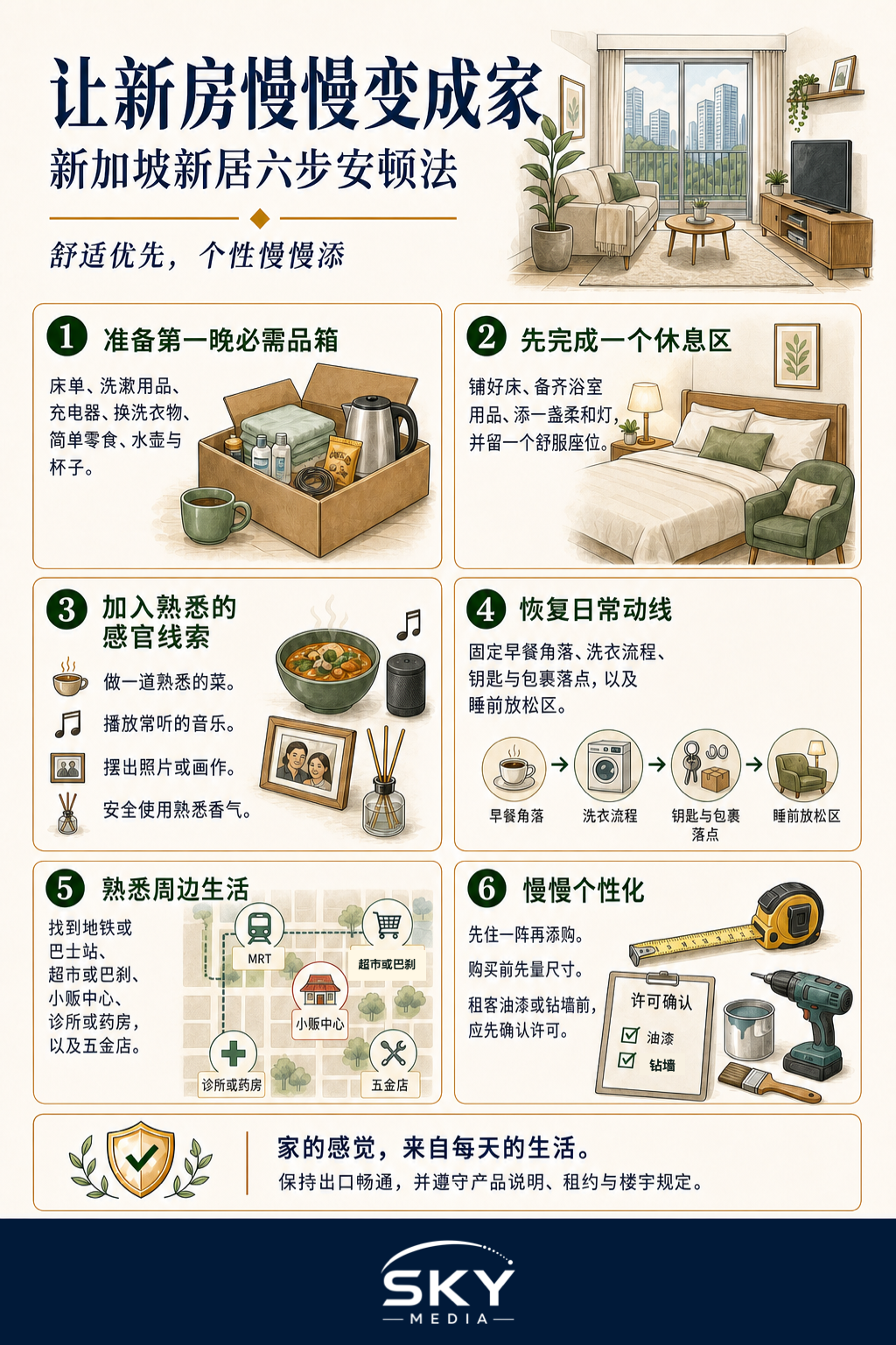 新加坡新居六步安顿信息图：准备第一晚必需品箱、完成休息区、加入熟悉感官线索、恢复日常、熟悉周边生活，并慢慢个性化。