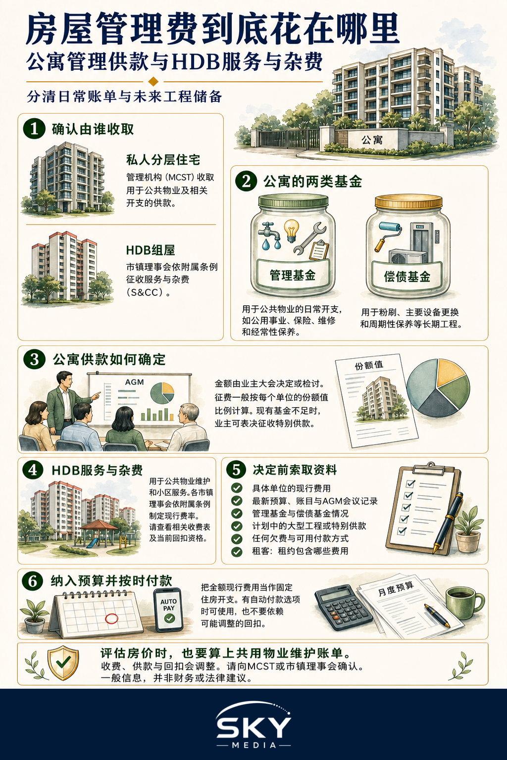 六步信息图:比较公寓MCST管理供款与HDB服务与杂费,说明管理基金、偿债基金、份额值、购房前检查和预算方法。