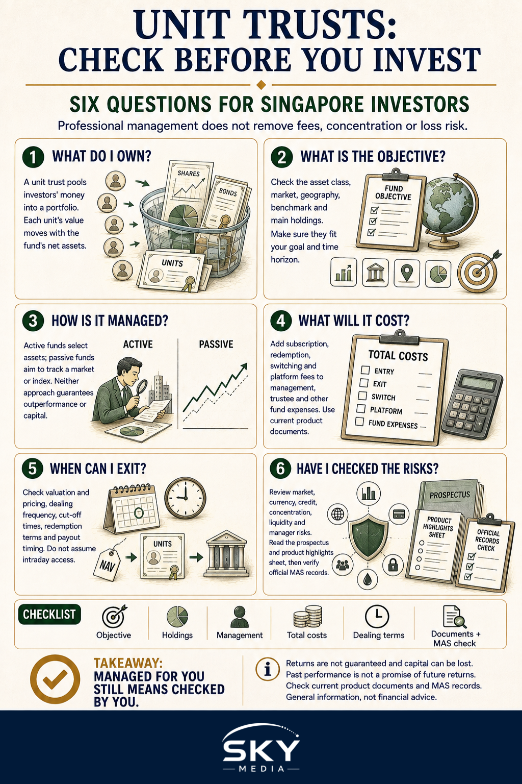 Six-check unit trust infographic covering pooled units, investment objective, management style, total fees, dealing access, risks and official-record checks.