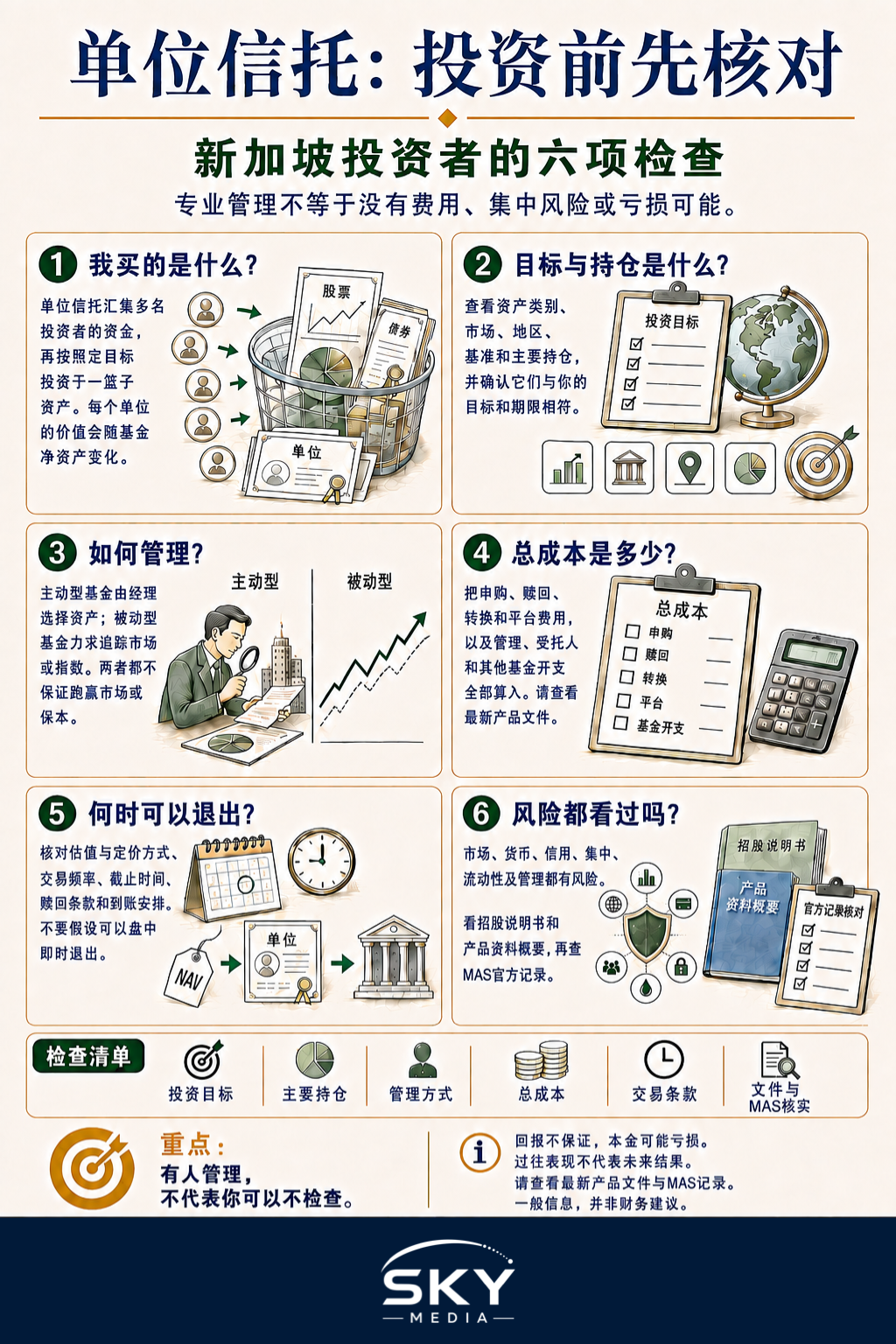六项单位信托检查信息图，说明集合投资单位、投资目标、管理方式、总费用、交易安排、风险及官方记录核实。