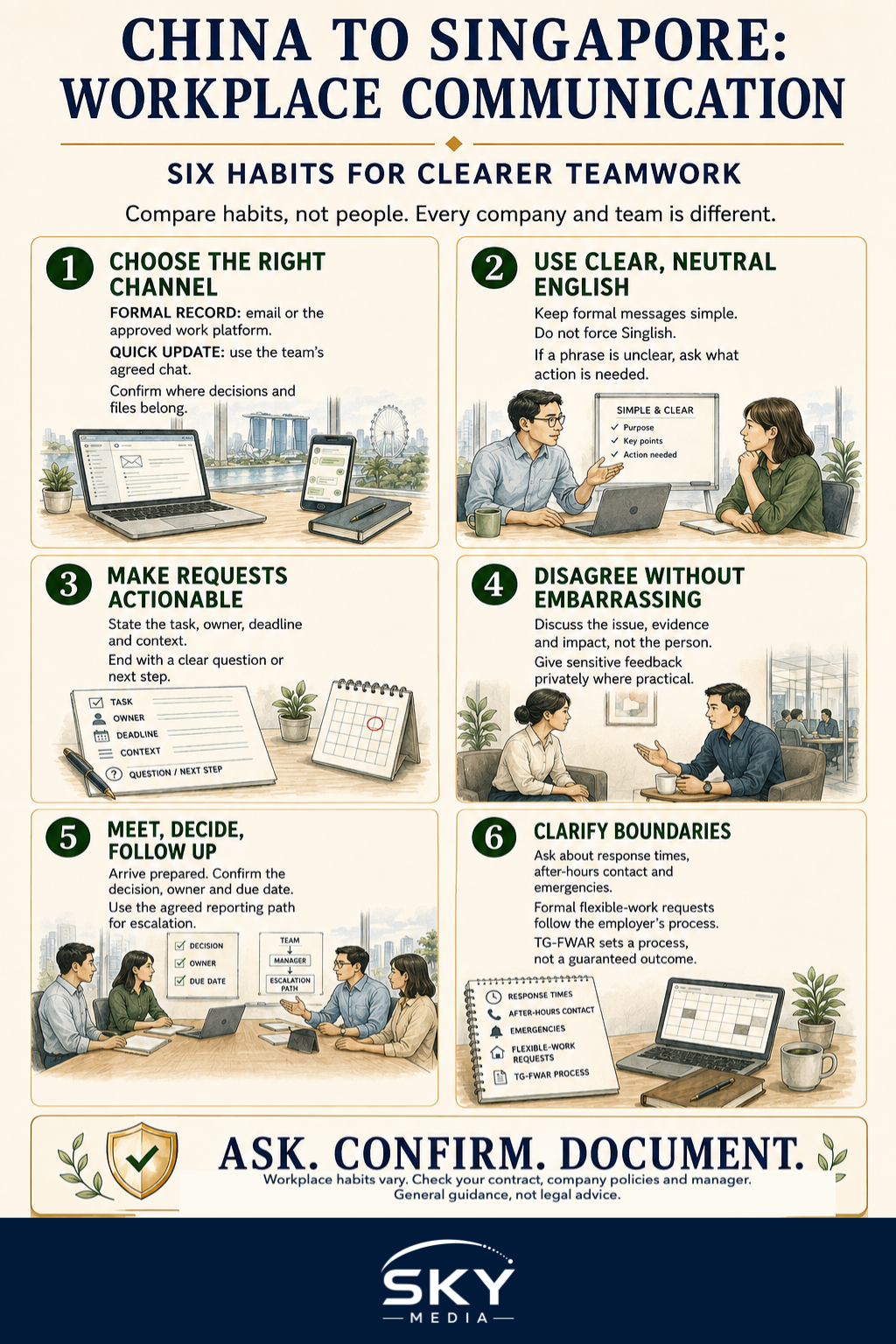 Six-habit infographic for people moving from China to Singapore, covering workplace channels, clear English, actionable requests, respectful disagreement, meeting follow-up and communication boundaries.