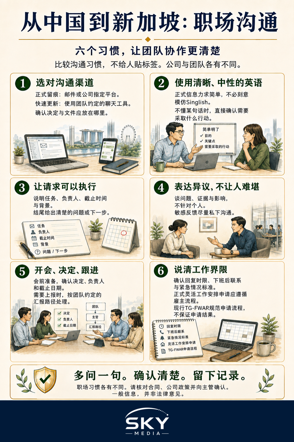六项职场沟通习惯信息图,供从中国来到新加坡工作的人参考,涵盖沟通渠道、清晰英语、可执行请求、尊重地表达异议、会议跟进与工作界限。
